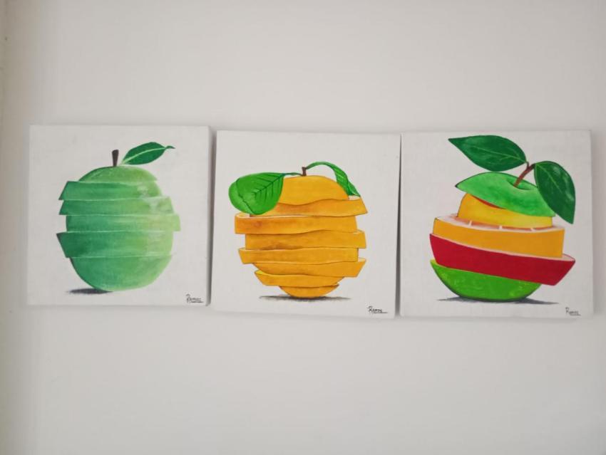 Triptongo Acrilico en Lienzo 40x40, Frutas
