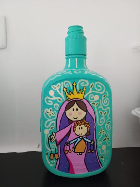 Arte Acrilico Botella de Wisky, Virgen del Carmen